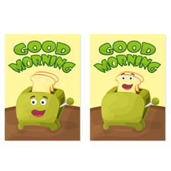 Toaster with bread slices. Good morning poster. Hand drawn vector