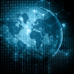 World map on a technological background, glowing lines symbols of the Internet, radio, television, mobile and satellite communications.