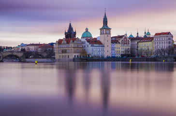 Prague, morning cityscape. Vltava river and old town of Prague, Czech Republic 