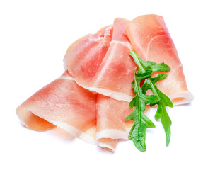 Italian prosciutto crudo or spanish jamon. Raw ham on white background.