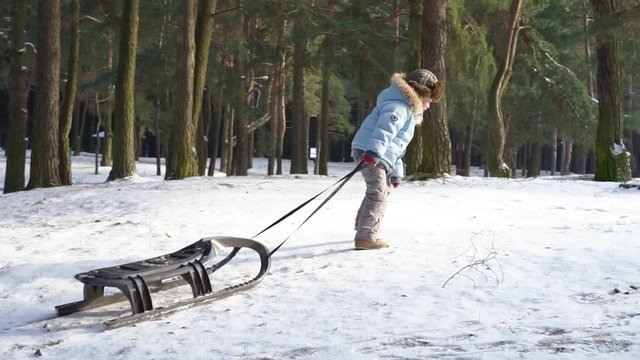 little boy drags a sled on a hill