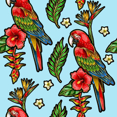 Seamless pattern with ara parrot, palm leaves and hibiscus embroidery. Tropical texture for print. © Yumeee