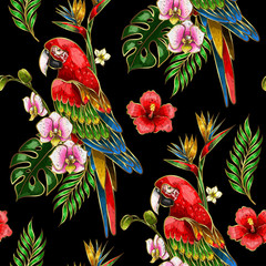 Seamless pattern with ara parrot, palm leaves and hibiscus embroidery. Tropical texture for print. © Yumeee