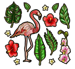 Flamingo and flowers embroidery patches for your design.