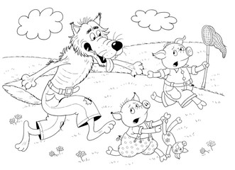 Three little pigs. Fairy tale. Coloring book. Coloring page. Illustration for children. Cute and funny cartoon character