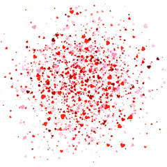 Greeting card Valentine's day. Red confetti of hearts flying randomly on white background. Abstract background can be used for holidays, celebration, birthday, declaration of love postcard