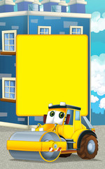 Naklejka premium Cartoon road roller truck in the city - with space for text - illustration for children