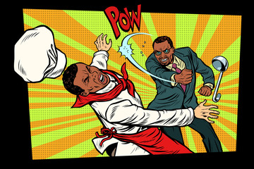 restaurant food. Unhappy customer fights chef