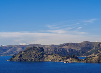 Fototapeta na wymiar Titicaca Lake seen from the Mount Calvario in Copacabana, La Paz Department, Bolivia