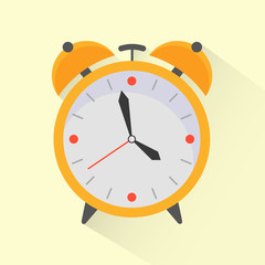 Yellow alarm clock in flat style. Retro icon with long shadow. Clock silhouette. Wake-up time. Vector illustration.