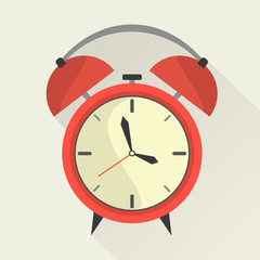 Red alarm clock in flat style. Retro icon with long shadow. Clock silhouette. Wake-up time. Vector illustration.