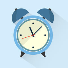 Blue alarm clock in flat style. Retro icon with long shadow. Clock silhouette. Wake-up time. Vector illustration.