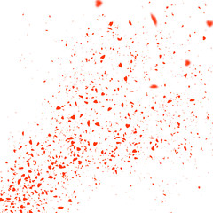 Fototapeta na wymiar Red confetti of hearts flying randomly on white background. Explosion of Valentines petals from the corner. Valentines day background, Women's Day