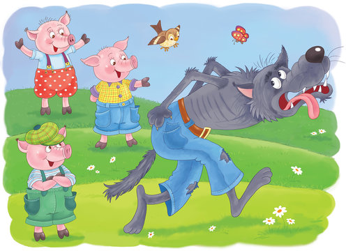 Three little pigs. Fairy tale. Coloring book. Coloring page. Illustration for children. Cute and funny cartoon character