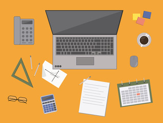 Fototapeta premium Flat design office. Workplace with office desk, laptop, phone, calculator, documents.