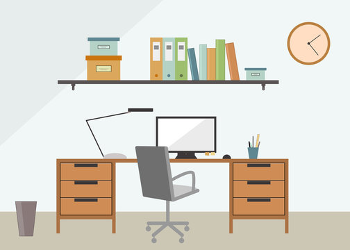 Flat design office. Workplace with office desk, computer, lamp, books and boxes