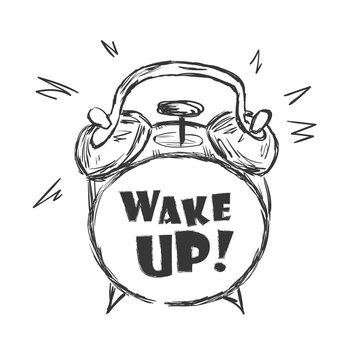 Hand drawn alarm clock with lettering wake up. Vector sketch