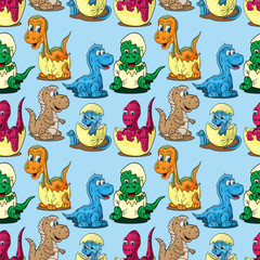 Naklejka premium seamless pattern illustration depicting little cubs of different dinosaurs in an egg children drawing blue background