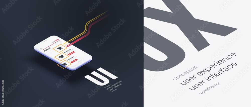Wall mural conceptual banner, booklet, brochure. user experience, user interface. 3d phone with the layout of t