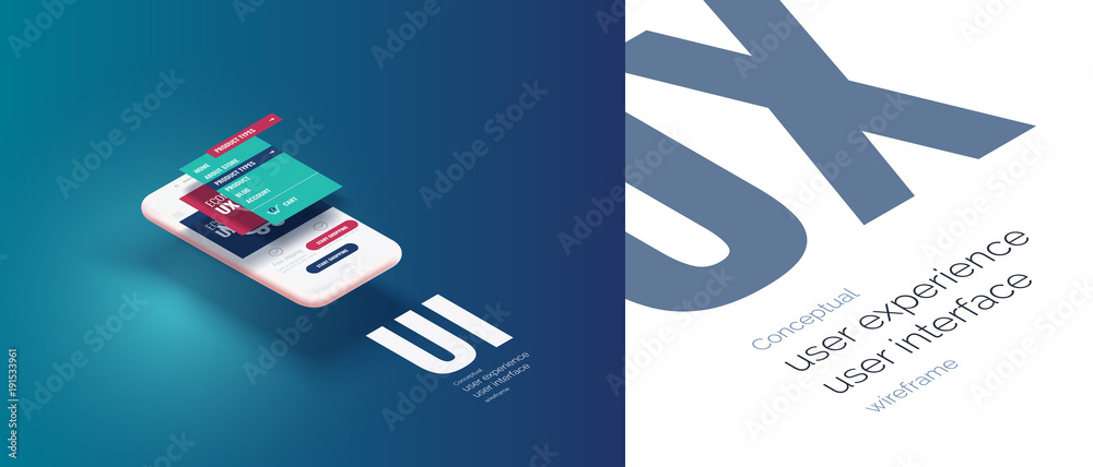 Poster conceptual banner, booklet, brochure. user experience, user interface. 3d phone with the layout of t