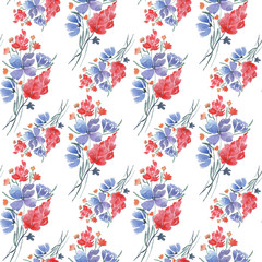 Abstract seamless cute floral pattern.Cute red, blue meadow flowers on white background.