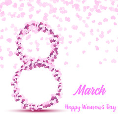  8 March. Happy Women's day greeting card with handwritten lettering pink text and flowers. Vector