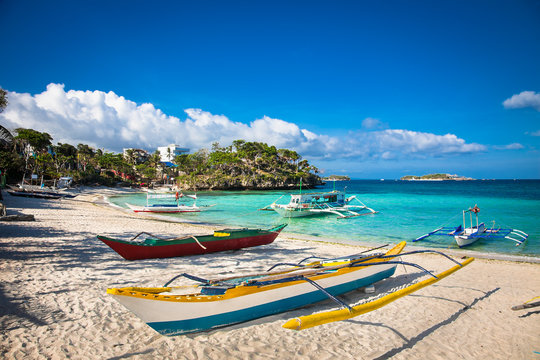 Traditional boat on shore at Bulabog beach. Boracay. Philippines.