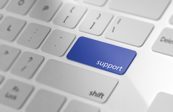 Blue support button on keyboard. Soft focus.