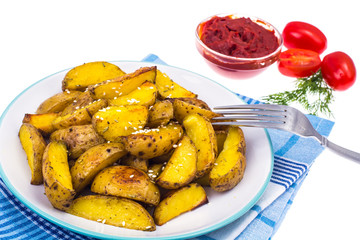 Potatoes in country style, baked with slices and sauce