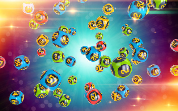 Milticolor Bingo balls fall randomly on dark background. Lottery Number Balls.  Bingo balls with numbers. 3d illustration.