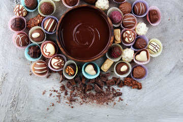 a lot of variety chocolate pralines, belgian confectionery gourmet chocolate