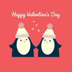Valentine's day greeting card. A couple of penguins in love are standing and looking to each other. Coral pink background. Square format. Vector illustration.
