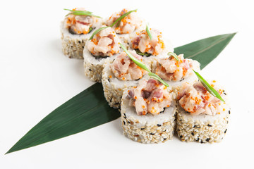 Japanese sushi rolls on a bamboo leaf on a white background