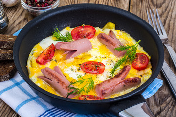 Breakfast for the family. Omelette with sausages