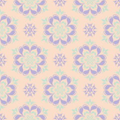 Floral seamless pattern. Beige background with violet and blue flower elements