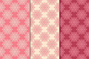 Set of red floral ornaments. Cherry pink vertical seamless patterns