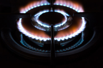 Modern stove, gas cooker in the house. Flames of burner with depth of field.