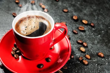Foto op Plexiglas cup of fresh coffee with coffee beans on stone table © dejah_thoris