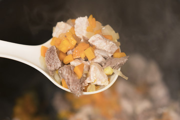 Cooked meat with vegetables in a cooked white spoon on a steam background