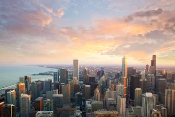 Wall murals City building Chicago skyline at sunset time aerial view, United States