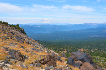 Fototapeta na wymiar Mount Rainier view from High Camp Trail on the sunny morning. Mount Adams in Washington USA Pacific Northwest.