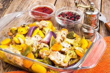 Baked vegetables with pieces of meat in the oven
