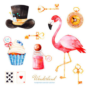 Wonderland collection.Magical watercolor set with cupcake and bottle with label with text,golden keys,playing cards,clock,flamingo and hat.Perfect for wallpaper,print,,invitation,birthday,wedding,logo