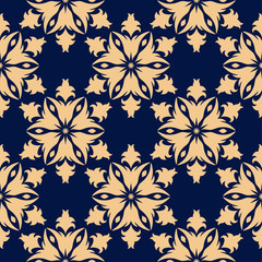 Golden floral seamless design on blue background