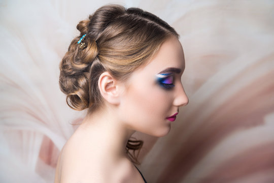 woman hairstyle gathered hairdo curls