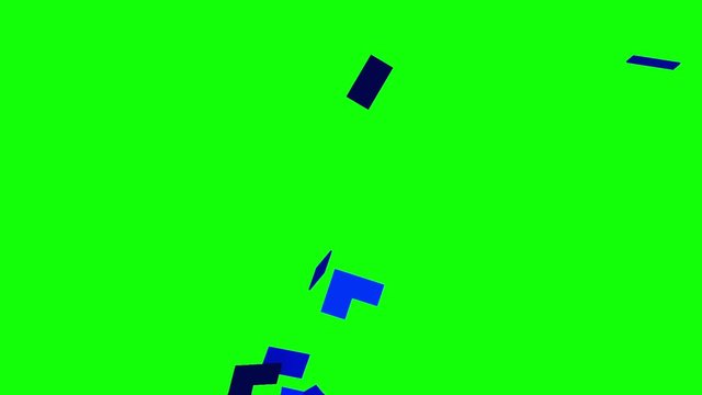 Blue mosaic background breaks up into small pieces and reveals green screen. 3D animation, chroma key.