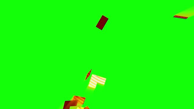 Flaming mosaic background breaks up into small pieces and reveals green screen. 3D animation, chroma key.
