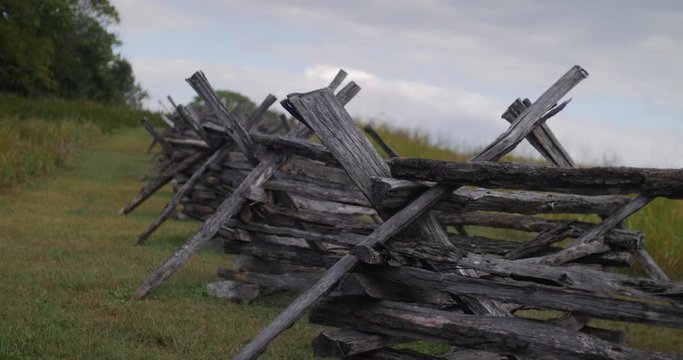 Civil War Time Split Rail Fence with Grass Field Rack Focus, 4K