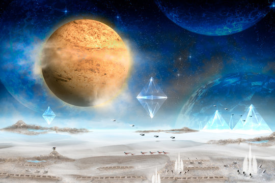 Planet / Planet landscape in space with alien city, digital retouch.