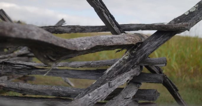 Civil War Time Split Rail Fence with Field Rack Focus Close Pan, 4K